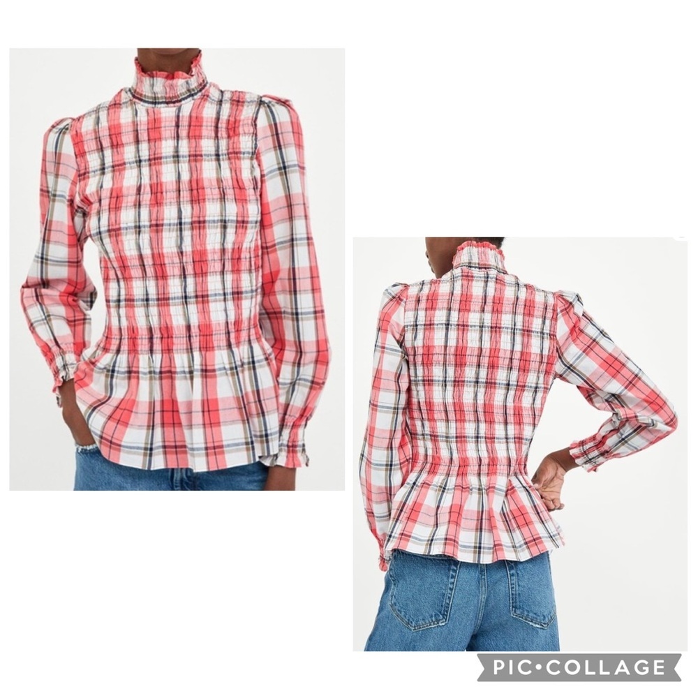 ZARA Women’s Red Plaid Smocked Mock Neck Peplum Cottagecore Equestrian Size S